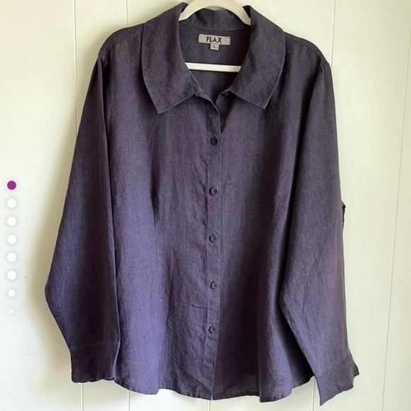 FLAX Purple Button Down 100% Linen Lagenlook Boho Office Career Shirt Sz Lg - Picture 1 of 14